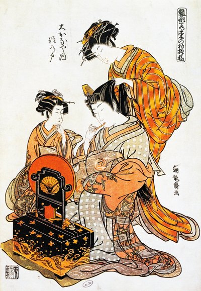 Nő a tükör előtt, miközben fésülködik, Torii Kiyonaga (1751-1815) ukiyo-e művészeti nyomata, fametszet, japán civilizáció, Edo-korszak alkotó: Torii Kiyonaga