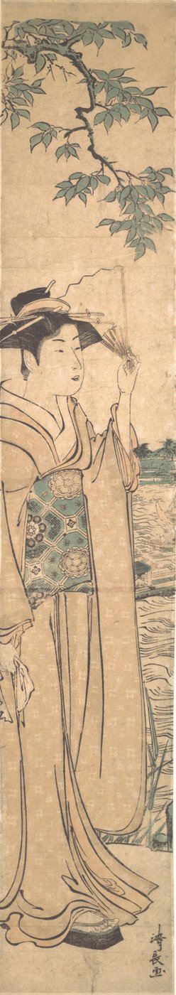 Nő legyezővel a Sumida folyó partján. alkotó: Torii Kiyonaga