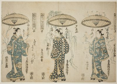 Tea c és rs Onoe hallgató alapozó rang (jobbra), Sanogawa Ichimatsu rang (első lépő), d különbség 5 emeletes ősök (eh ft), tea tri ptych "Negura triple width pair"-ból alkotó: Torii Kiyonobu II