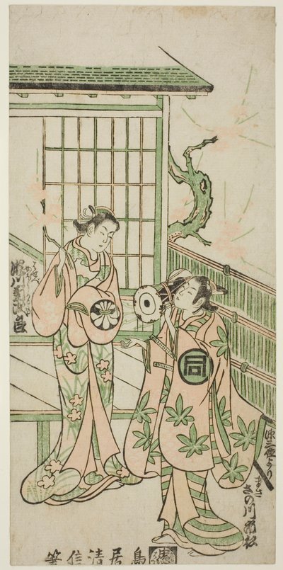 A színészek Sanogawa Ichimatsu I. Minamoto no Yorimasa és Segawa Kikujiro I. Nobutsura felesége, Karumo szerepében a "Shusse Momijigari" című darabban, amelyet az Ichimura Színházban adtak elő 1747 tizenegyedik havában. alkotó: Torii Kiyonobu II