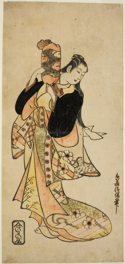 I. Ichikawa Monnosuke színész Oiso no Tora szerepében a "Nigiwai Suehiro Soga" című darabban, amelyet a Morita Színházban mutattak be 1721 első hónapjában (?) alkotó: Torii Kiyonobu I