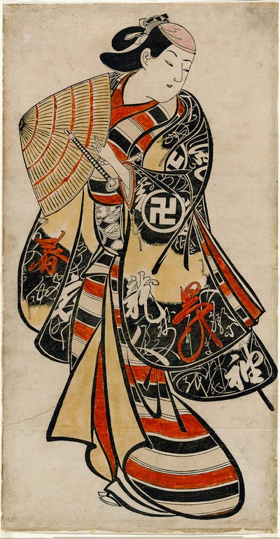 Takii Hannosuke színész mint nőies ifjú, 1707 körül (kézzel színezett fametszet; tan-e, függőleges o-oban) alkotó: Torii Kiyonobu I