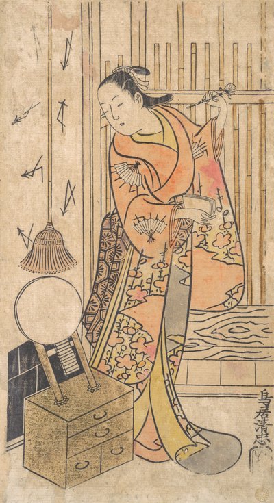 Színész, mint egy tükörállvány mellett álló nő, kb. 1735. alkotó: Torii Kiyotada