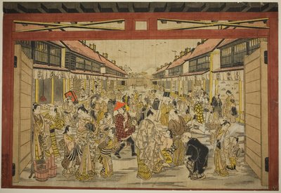 A főkapu, Új Yoshiwara, 1745 körül (kézzel színezett fametszet; toku-oban yoko-e, beni-e) alkotó: Torii Kiyotada