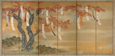 Virágzó cseresznye és őszi juharok verscédulákkal, 1654-81 alkotó: Tosa Mitsuoki