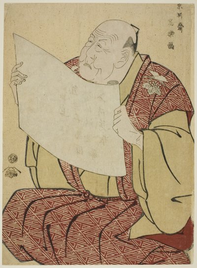 Shinozuka Uraemon színházigazgató felolvassa a Miayako Színház műsorát alkotó: Toshusai Sharaku
