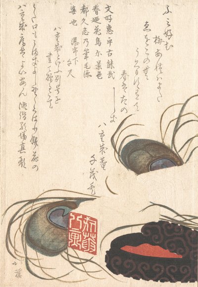 Pecsétkő és pecsétfesték pávatollakkal, a Spring Rain Surimono H... albumból, valószínűleg 1817-ben. alkotó: Totoya Hokkei