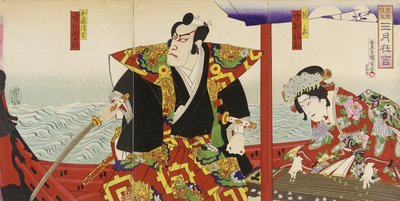 Ichikawa Danjūrō és Nakamura Fukusuke Katō Kiyomasa és Hinakinu szerepében alkotó: Toyohara Kunichika