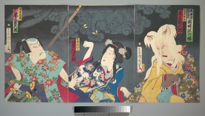 Onoe Kikugorō V als Otowake Neko no ke (Rechts), Bandō Mitsugorō IV als Aishō Michinoku (Mitte), Onoe Kikugorō V als Isogai Mibunosuke (Links) im Kabuki-Stück Tōkai Kidan Nekomata Yashiki alkotó: Toyohara Kunichika