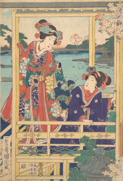 Két szépség a tavaszi kertben egy tóval, kb. 2. hónap, 1864. alkotó: Toyohara Kunichika
