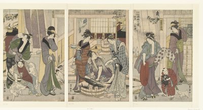 halárus A negyedik hónap, egy triptichon Yongatsu, sanbukutsui (cím a tárgyon) A tizenkét hónap, Toyohiro és Toyokuni (sorozat címe) Toyohiro Toyokuni ryoga juniko (sorozat címe a tárgyon) alkotó: Toyokuni (II) , Utagawa