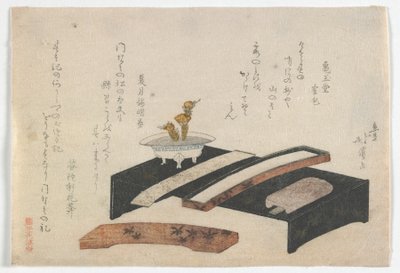 Surimono íróasztalt illusztrálva, Edo-korszak, 1800-1810 körül (színes fatömbnyomat) alkotó: Toyota Hokkei