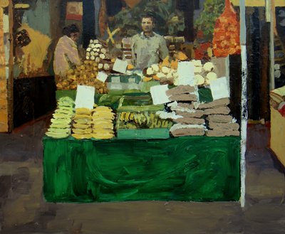 Zöldségstand (Deptford, London), 2009 (olaj, tábla) alkotó: Trevor Burgess