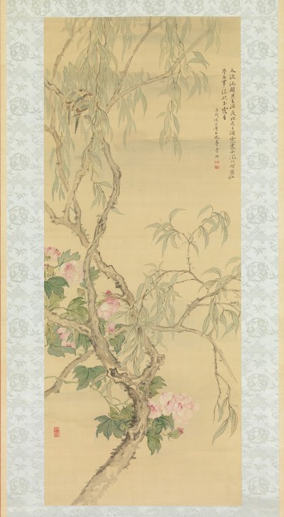 Kis madarak fűzfaágon és hibiszkuszvirágok, 1850 őszén. alkotó: Tsubaki Chinzan