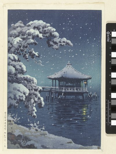 Az úszó pavilon Katadán a hóban Yuki no Katada Ukimido (cím a tárgyon) alkotó: Tsuchiya Kōitsu