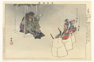Jelenet a Noh színház Tsuchigumo című darabjából. Tsuchigumo (cím a tárgyon) Képek a Noh-ról (sorozat címe) Nogaku zue (sorozat címe az objektumon) alkotó: Tsukioka Kogyo