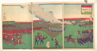 Illustration von Kavallerie, Infanterie und Soldaten im Rückzug alkotó: Tsukioka Yoshitoshi