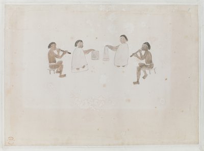 Add hozzá az MS 15508 f.11 Tahiti zenészei, 1770. június (akvarell papíron) alkotó: Tupaia Tupaia