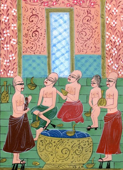Betekintés egy férfi Hamam belsejébe (akvarell és aranypor papíron) alkotó: Turkish School