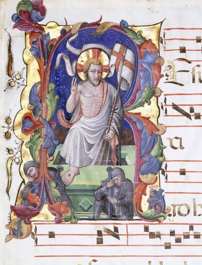 Nagyon nagy történeti "A" betű, amely a feltámadást mutatja, 1400-1450 körül alkotó: Tuscan School