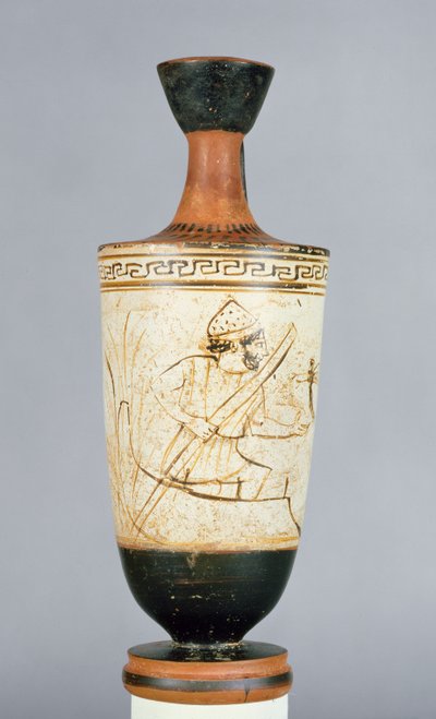 Padlás, fehér alapon készült lekythos, amelyet Charon, az alvilág révésze díszített, aki egy halott lelkét fogadja, Athénból, ie 475-425 (kerámia) alkotó: Tymbos Painter