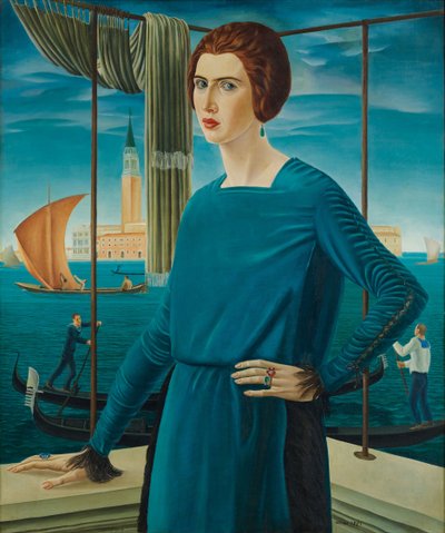 A művészfeleség Velencével a háttérben, 1921. alkotó: Ubaldo Oppi