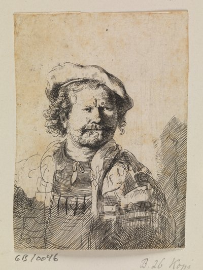 Rembrandt lapos sapkában és hímzett ruhában alkotó: Ubekendt efter Rembrandt