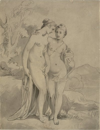 Két nimfa egy tájban alkotó: Ubekendt engelsk kunstner 1820
