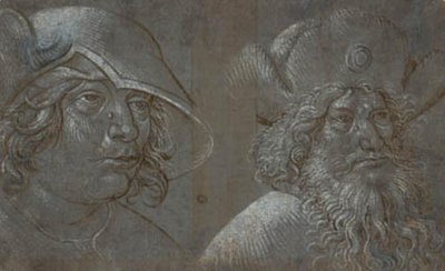 Két férfi fej háromnegyed profilban jobbra, mindkettő feltűnő sapkát visel. alkotó: Ubekendt tysk nederlandsk ca. 1500