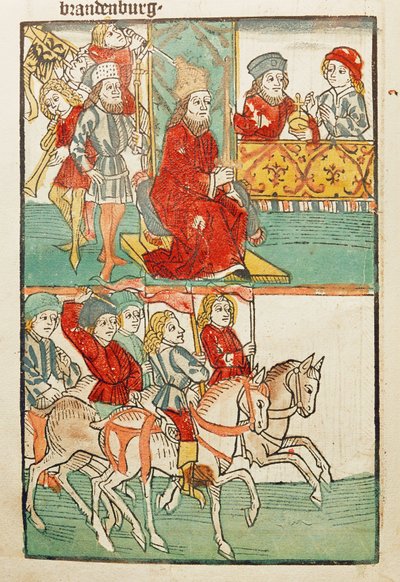 Friedrich von Hohenzollern nürnbergi burggrófnak, Friedrich von Hohenzollernnek a brandenburgi márciussal való meghívása Zsigmond császár által ... alkotó: Ulrich von Richental