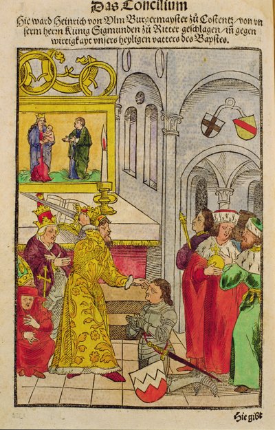 Ulmi Henriket a császár lovagi címével tünteti ki a konstanzi zsinaton, a „Chronik des Konzils von Konstanz”-ból. alkotó: Ulrich von Richental