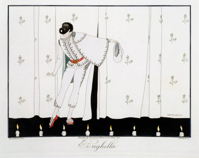 Brighella, a Le Journal des Dames et des Modes "Maszkok és karakterek az olasz színház" kiadásából, metszett Henri Reidel (fl.1914-20) 1914 (színes litó) alkotó: Umberto (after) Brunelleschi