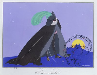 Scaramouche, a "Le Journal des Dames et des Modes" "Maszkok és karakterek az olasz színház" kiadásából, metszett Henri Reidel (fl.1914-20) 1914 (színes litó) alkotó: Umberto (after) Brunelleschi