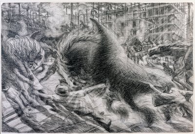 Futurizmus: "" La città che dirty "" (A felszálló város). Umberto Boccioni (1882-1916) rajza kartonra alkotó: Umberto Boccioni