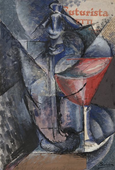 Csendélet: Üveg és szifon, 1914 körül (kollázs, gouache, toll és tinta) alkotó: Umberto Boccioni