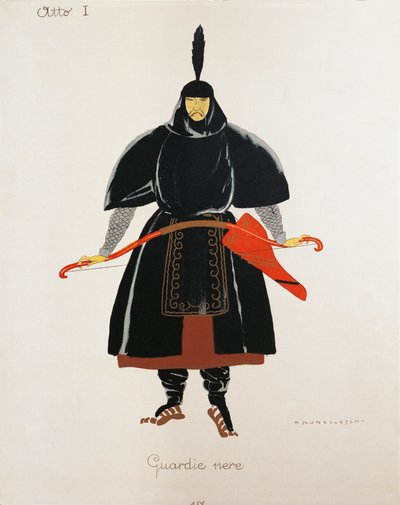 Giacomo Puccini Turandot-i fekete gárdisták jelmeze, Umberto Brunelleschi (1879-1949) vázlata az opera első előadására a milánói Teatro alla Scalában, április 25-én alkotó: Umberto Brunelleschi