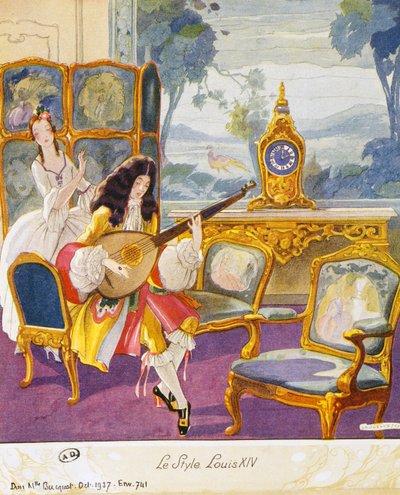 XIV. Lajos stílusú jelenet, színházi környezet, akvarell alkotó: Umberto Brunelleschi