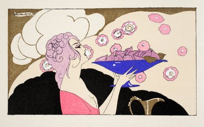 Nő a kezében egy tál fügével (pochoir print) alkotó: Umberto Brunelleschi