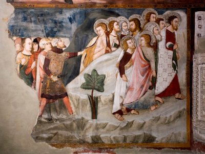 Menekülés az apostoloktól. Részlet. Az umbriai iskola freskója a 15. századból. Felsőbbrendű templom. Szent Benedetto kolostor (Sacro Speco), Subiaco (Róma), Olaszország alkotó: Umbrian School