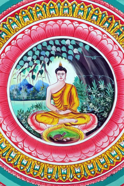 20151029, Vientiane, Laosz : Wat Inpeng buddhista templom. Sákjamuni Buddha élettörténetét ábrázoló festmény. Buddha meditációs pózban ül alkotó: Unbekannt