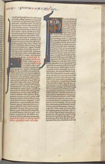 74. Fol. 463r, ApCsel, történeti kezdetű P, a mennybemenetel, c. 1275-1300. alkotó: Unbekannt