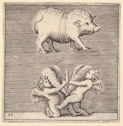 Egy öves malac és két Ámor vagy zseni pillangóval vagy lepkével, megjelent kb. 1599-1622. alkotó: Unbekannt