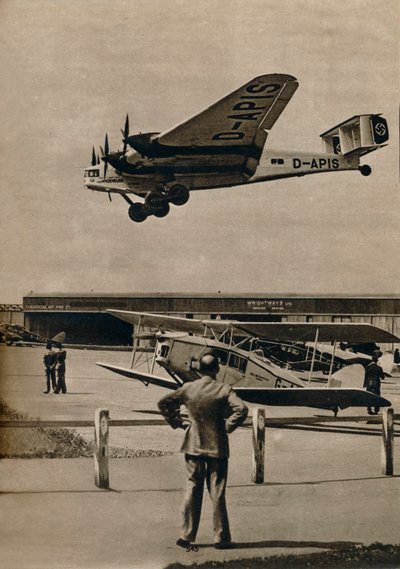 Egy német Junkers utasszállító repülőgép érkezik a Croydon repülőtérre, c1934 c1937 alkotó: Unbekannt