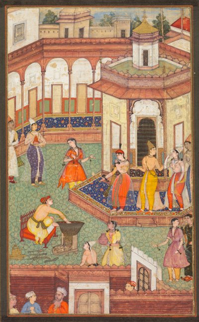 Egy férfi belemártja a kezét egy üstbe, ahogy a Hárem hölgyei ámulva állnak..., c. 1600. alkotó: Unbekannt