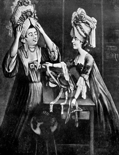 A Milliners Shop, Mrs. Monopolize, a hentes felesége, modern fejruhát vásárol, 1772 alkotó: Unbekannt
