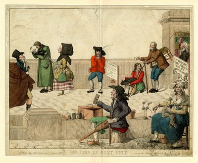 A párizsi Pont Neuf sarka, sánta koldusokkal és utcai árusokkal, 1813 körül. alkotó: Unbekannt