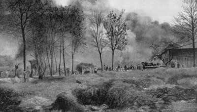 Német gyújtóbombáktól lángokban álló farm, Artois, Franciaország, I. világháború, 1915 alkotó: Unbekannt