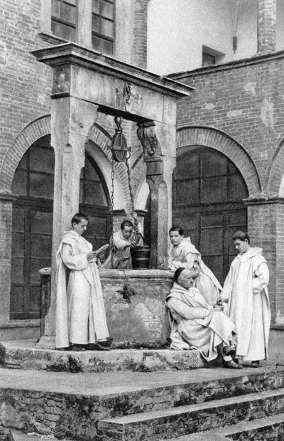 Egy csoport szerzetes a Monte Oliveto Maggiore kolostorban, Olaszországban, 1922 alkotó: Unbekannt