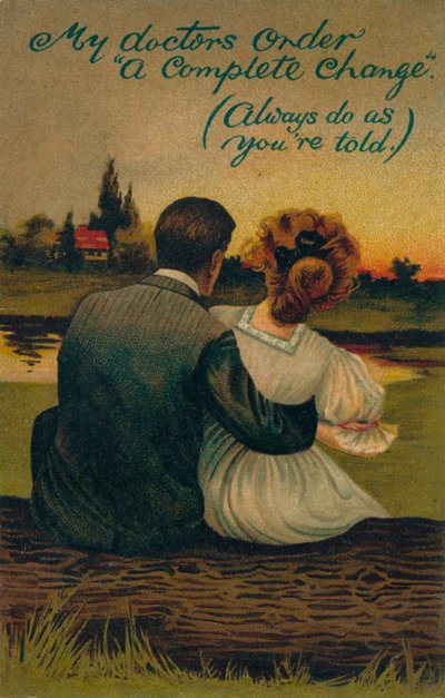 Humoros képeslap, amely egy udvarló házaspárt ábrázol, 1908 alkotó: Unbekannt