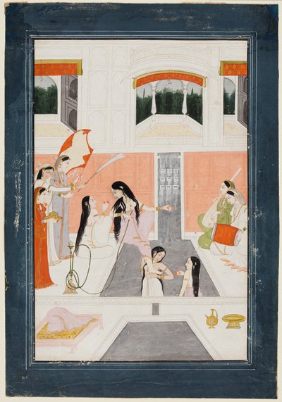 Egy hölgy a WC-nél zenét hallgat a palota vízesésénél, kb. 1780. alkotó: Unbekannt